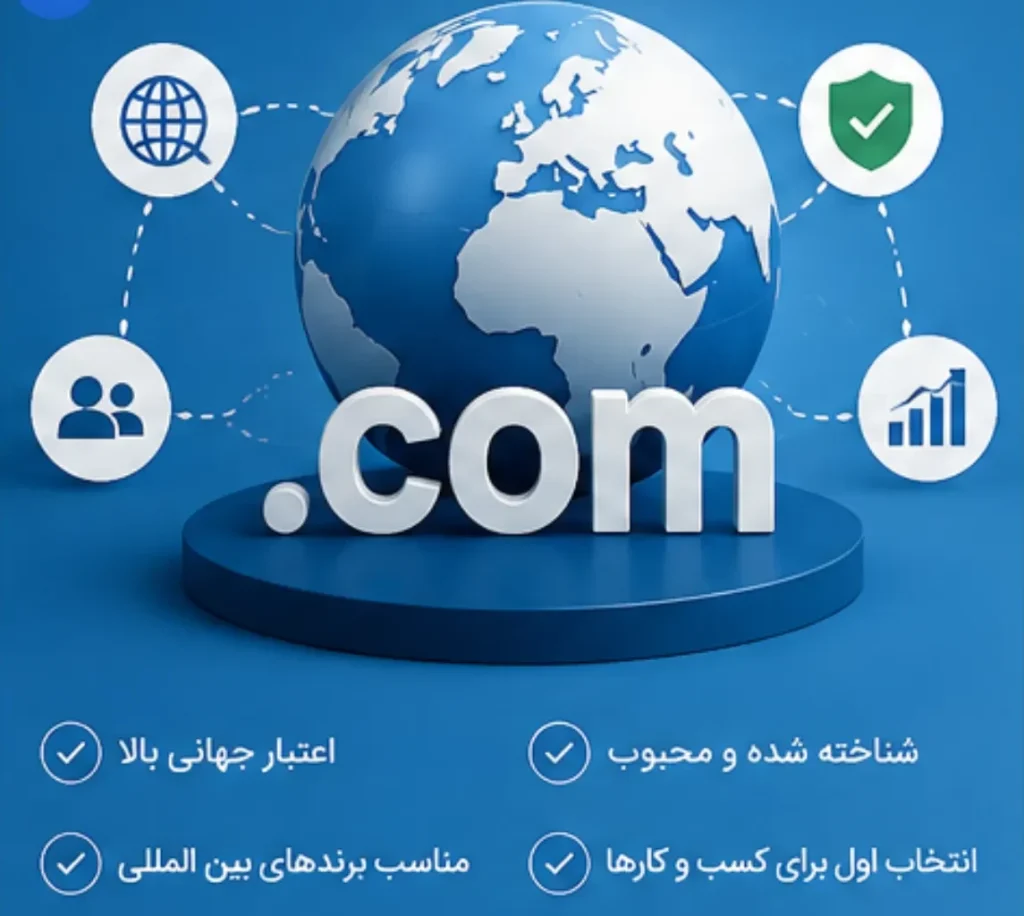 کره زمین با آیکونهای وبسایت و لوگوی بزرگ .com