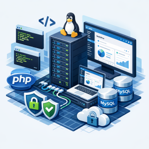 هاست لینوکس چیست؟ نمای ایزومتریک از سرور لینوکسی، نمادهای PHP و MySQL، پنل cPanel و کاربرد آن برای وردپرس و سایتهای شرکتی